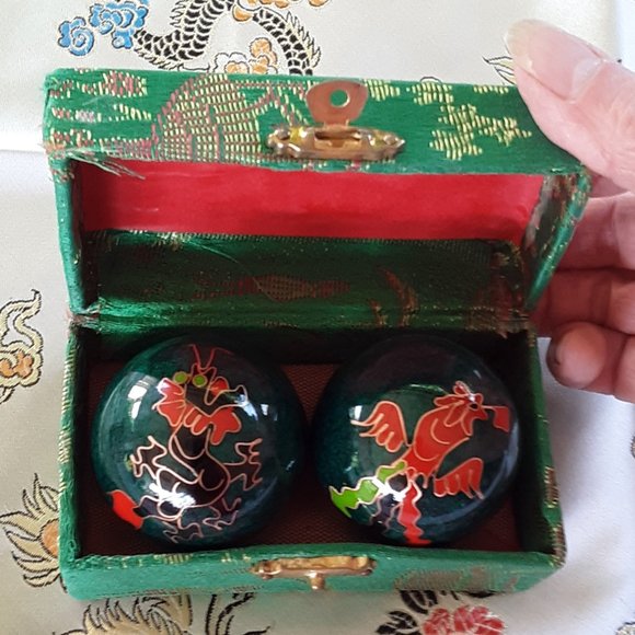 COPY Baoding Therapy Balls Cloisonne Finish Green With Dragon Firebird Yin Yang - Picture 5 of 13